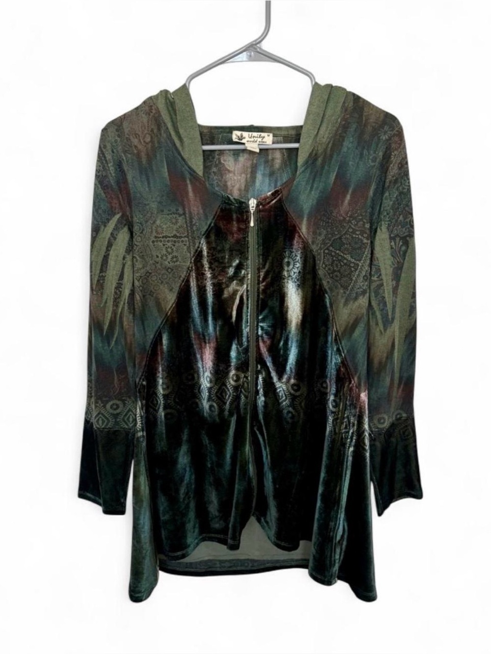 Unity World Wear Full Zip Hooded Sweatshirt Iridescent Velvet Medium Boho Fairy